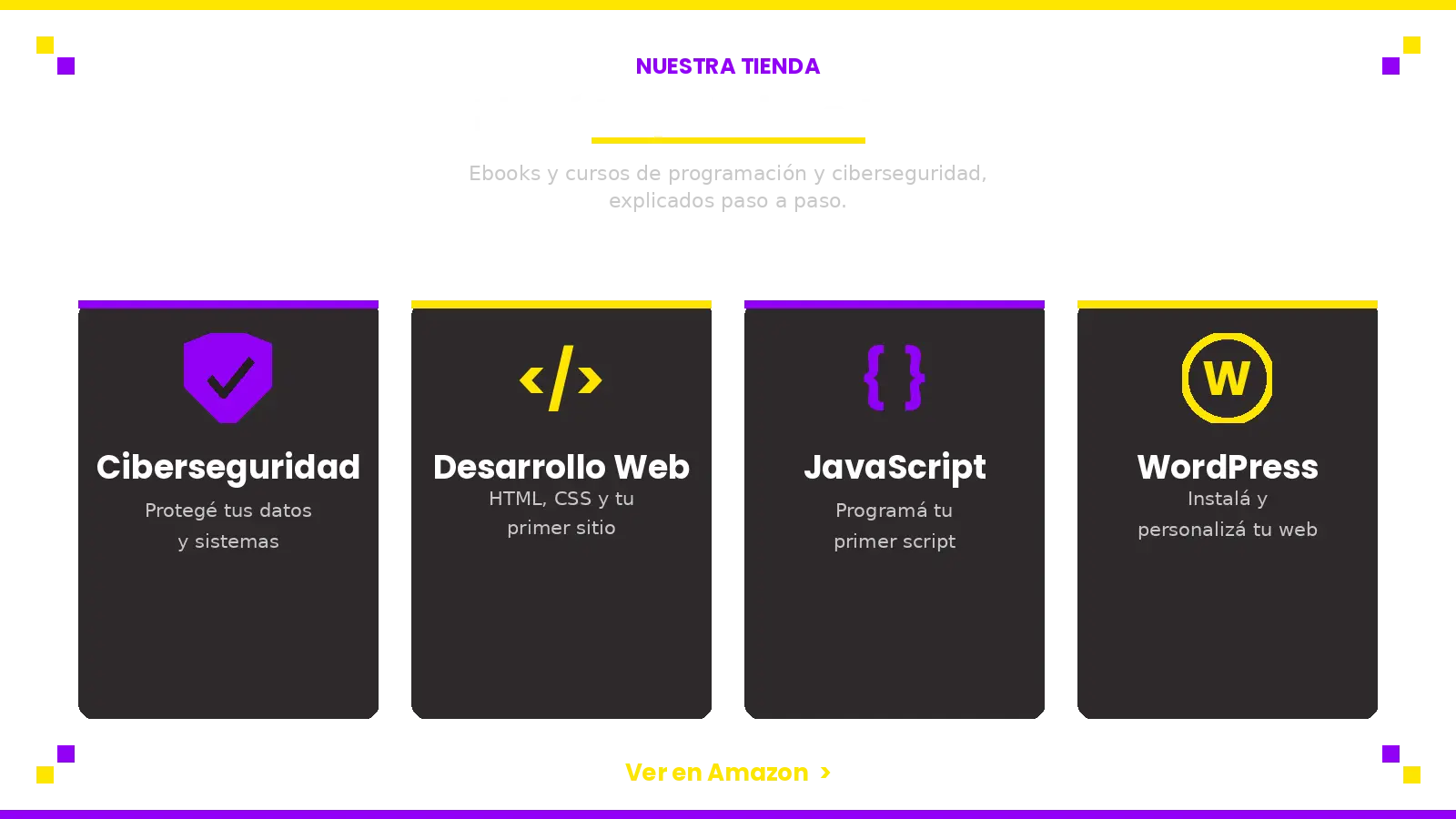 Categorías de la tienda CodeNation.AR: Ciberseguridad, Desarrollo Web, JavaScript y WordPress